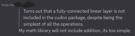 A screenshot of a Discord message, in which Felipe states that his math library will not include addition, as it is too simple. A screenshot of a Discord message, in which Felipe states that his math library will not include addition, as it is too simple.
