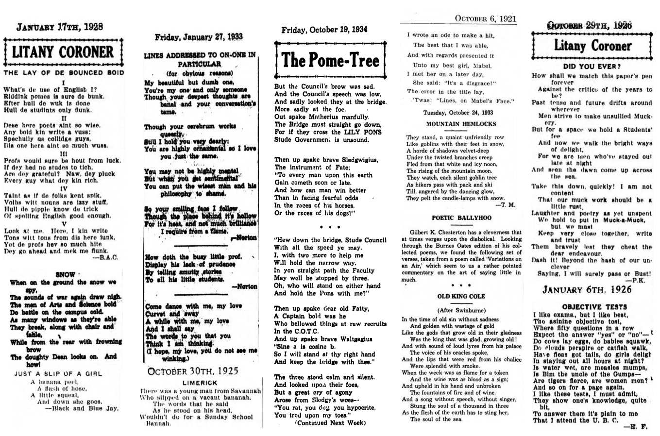 A collection of poems from *The Ubyssey*, in the 20s and early 30s. A collection of poems from *The Ubyssey*, in the 20s and early 30s.